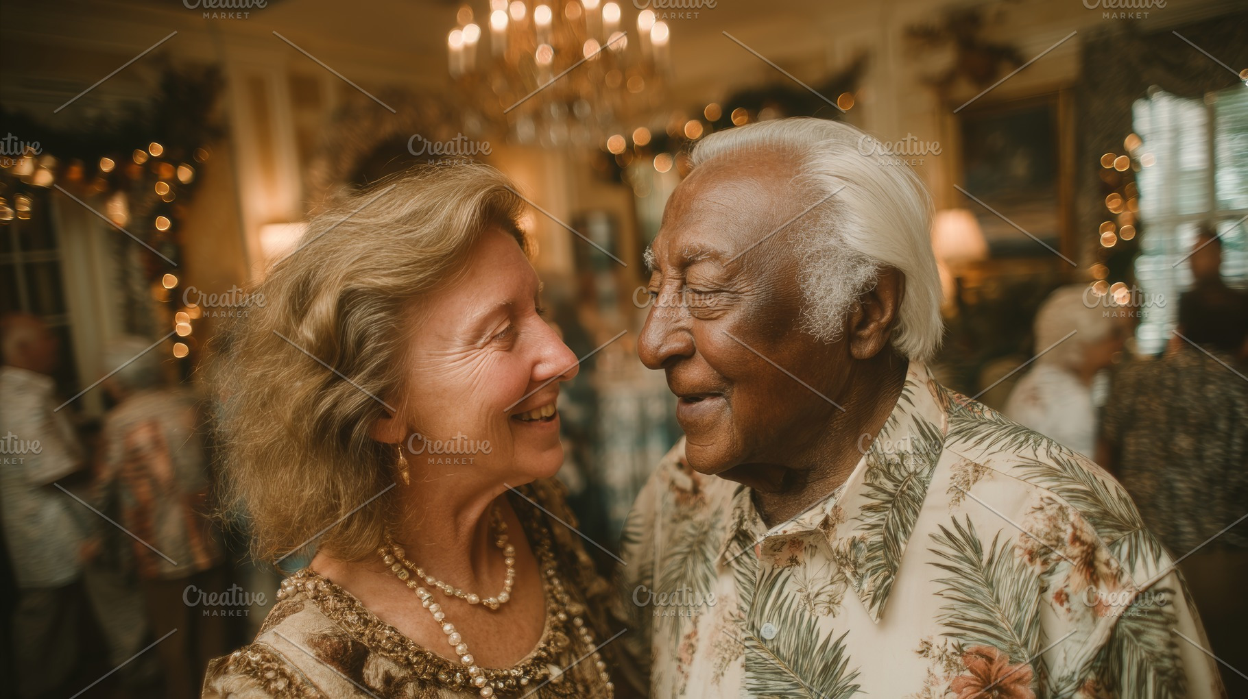 Elderly couple dancing at a festive holiday party surrounded by friends and war, a Photo by AS photostudio