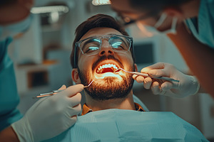 Photo of young man sitting in a dental chair and male dentist treating his teet, a Health & Medical Photo by AlyaAnd