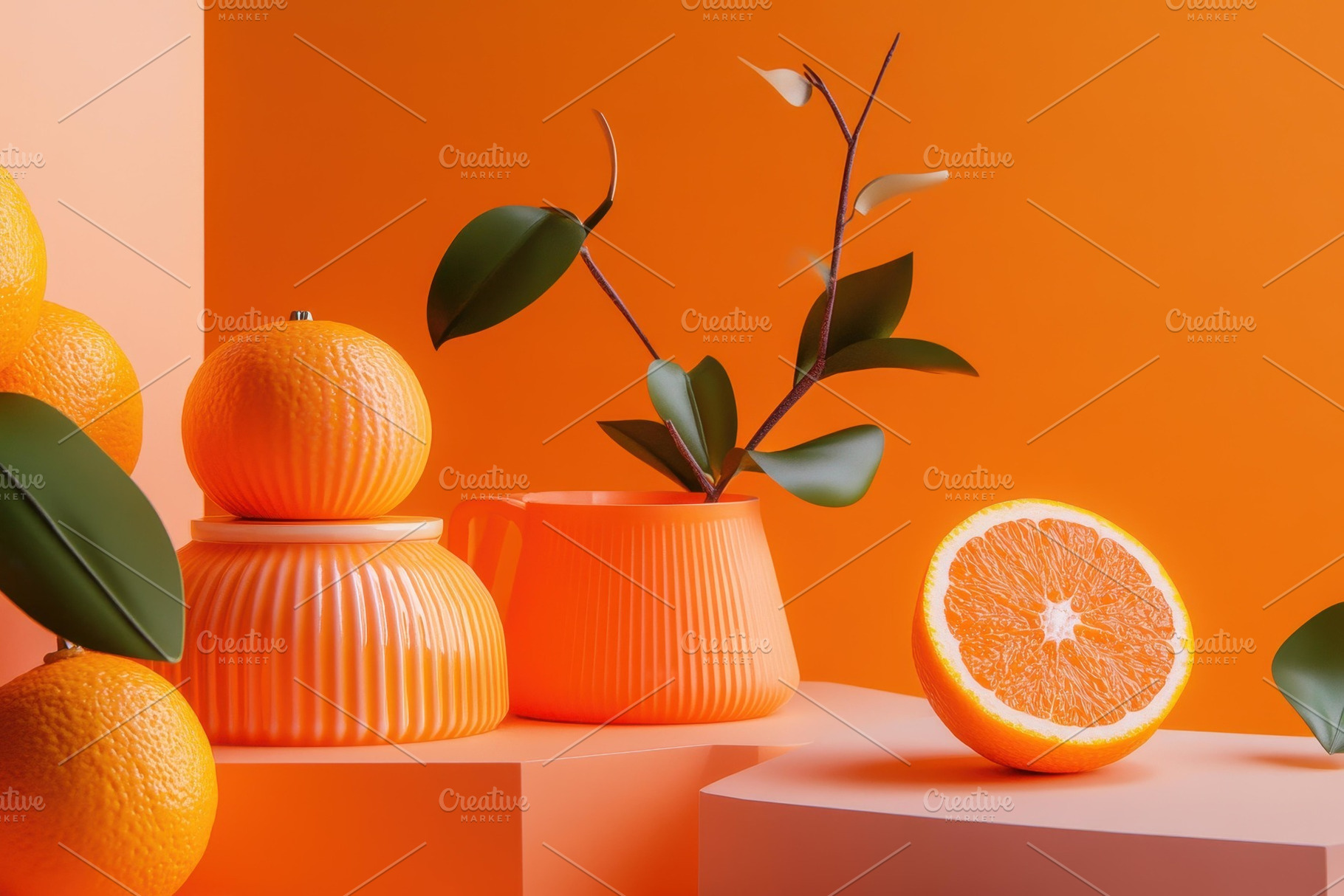 Bright orange still life featuring f, a Photo by Tanuart