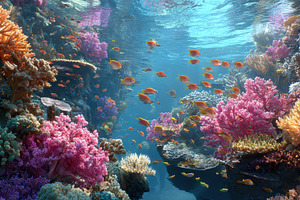 Coral reef with various fishs, a Photo by Pavel_design