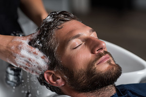 Man getting hair washed at barbersho, a Photo by Pixeness Studio
