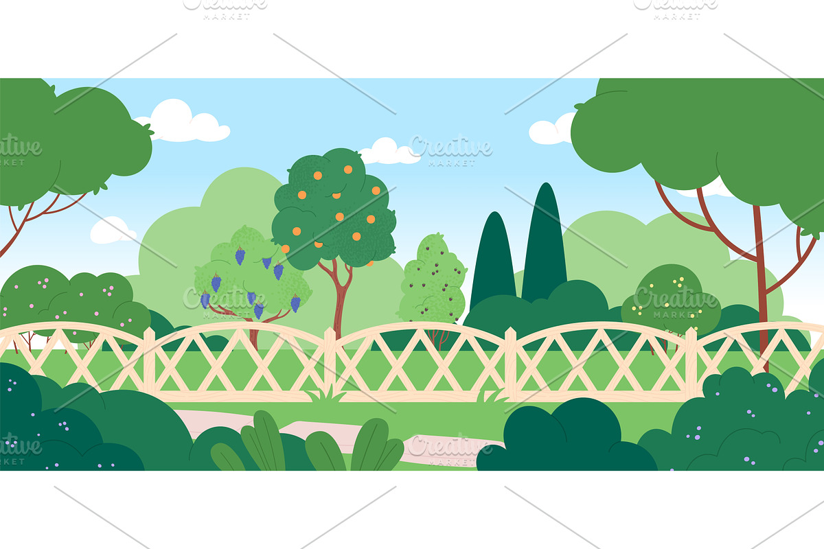 Garden landscape with wooden fence, an Illustration by LadadikArt