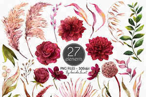 Burgundy Botanical Boho Clipart Set