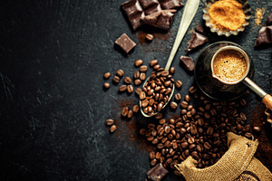 Coffee beans with props for making c featuring coffee, background, and concept