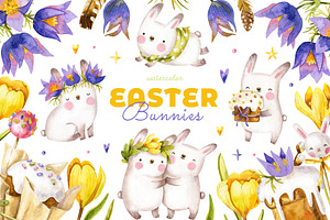 Easter bunnies. Watercolor set.