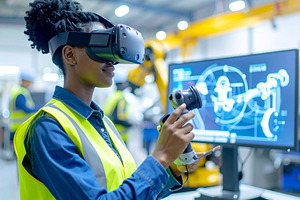 Worker in an industrial inside a factory uses AR glasses to acce, a Technology Photo by DanFLCreativo
