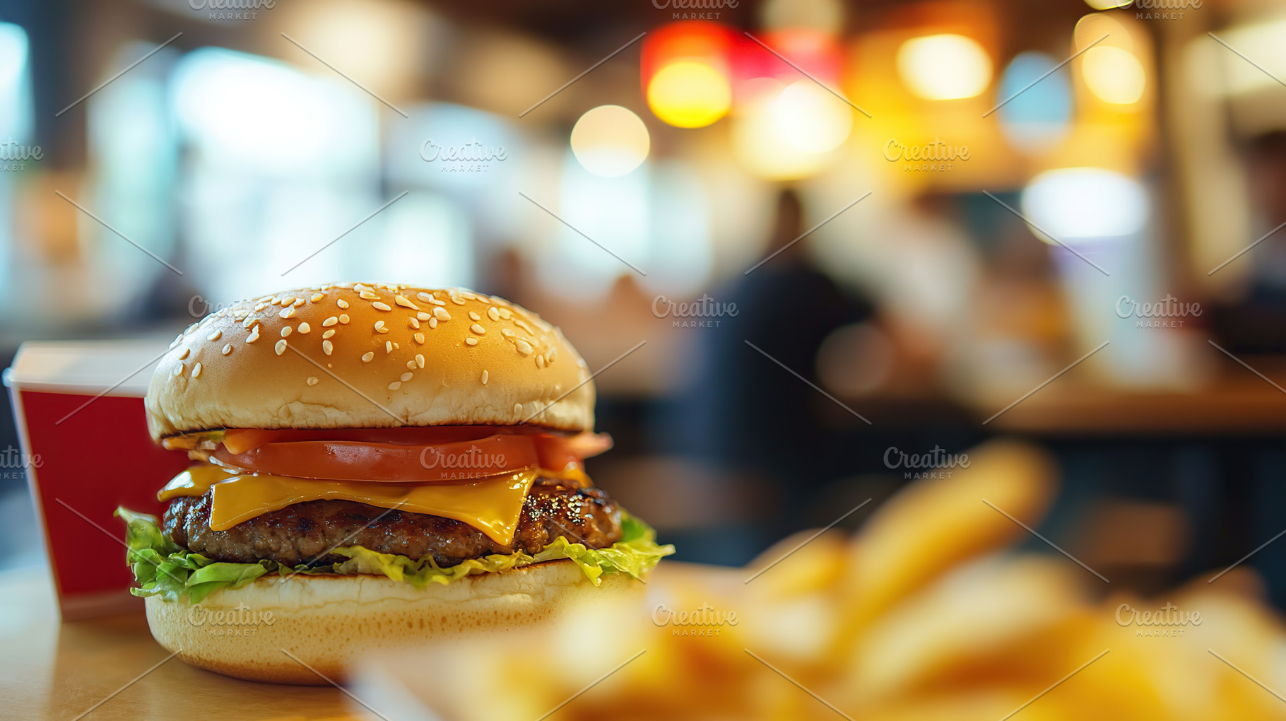 Burger with baked potatoes on blurred fast food restaurant backg, a Food & Drink Photo by AlyaAnd