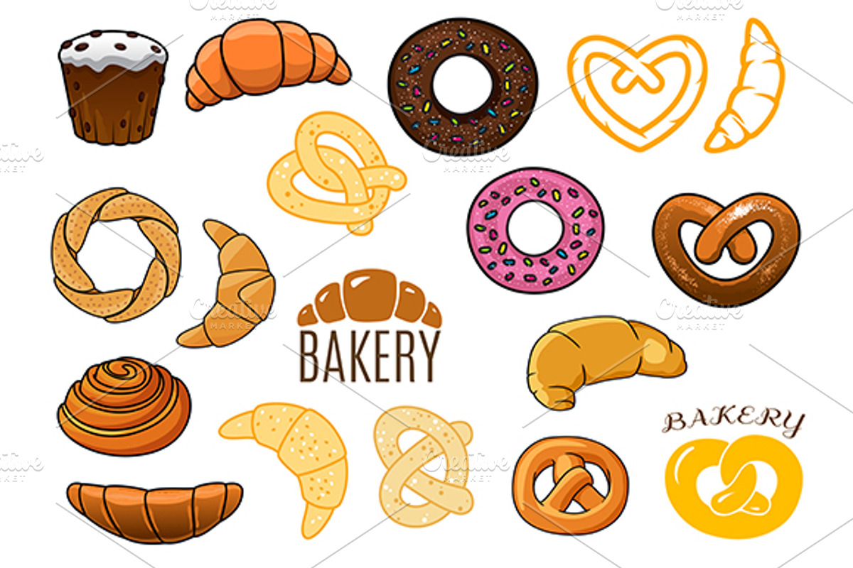Outlined and cartooned buns, cake, c, a Background Graphic by Vector Tradition