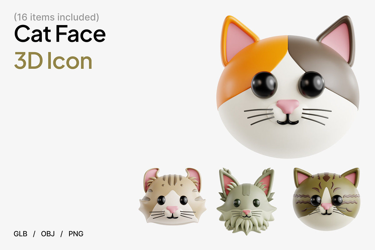Cat Face 3D Icon Set, an Animal 3D Model by Eklip Studio (Photo 1 of 3)