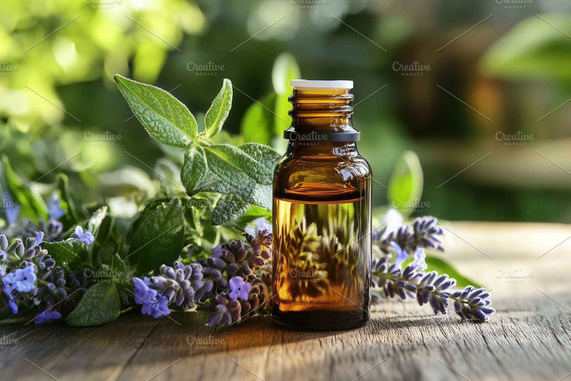 Hyssop oil bottle on wood, a Photo by Pavel_design