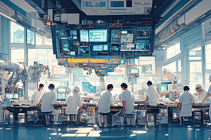 Scientist team collaborates in a futuristic laboratory with advanced scientific, a Photo by AS photostudio