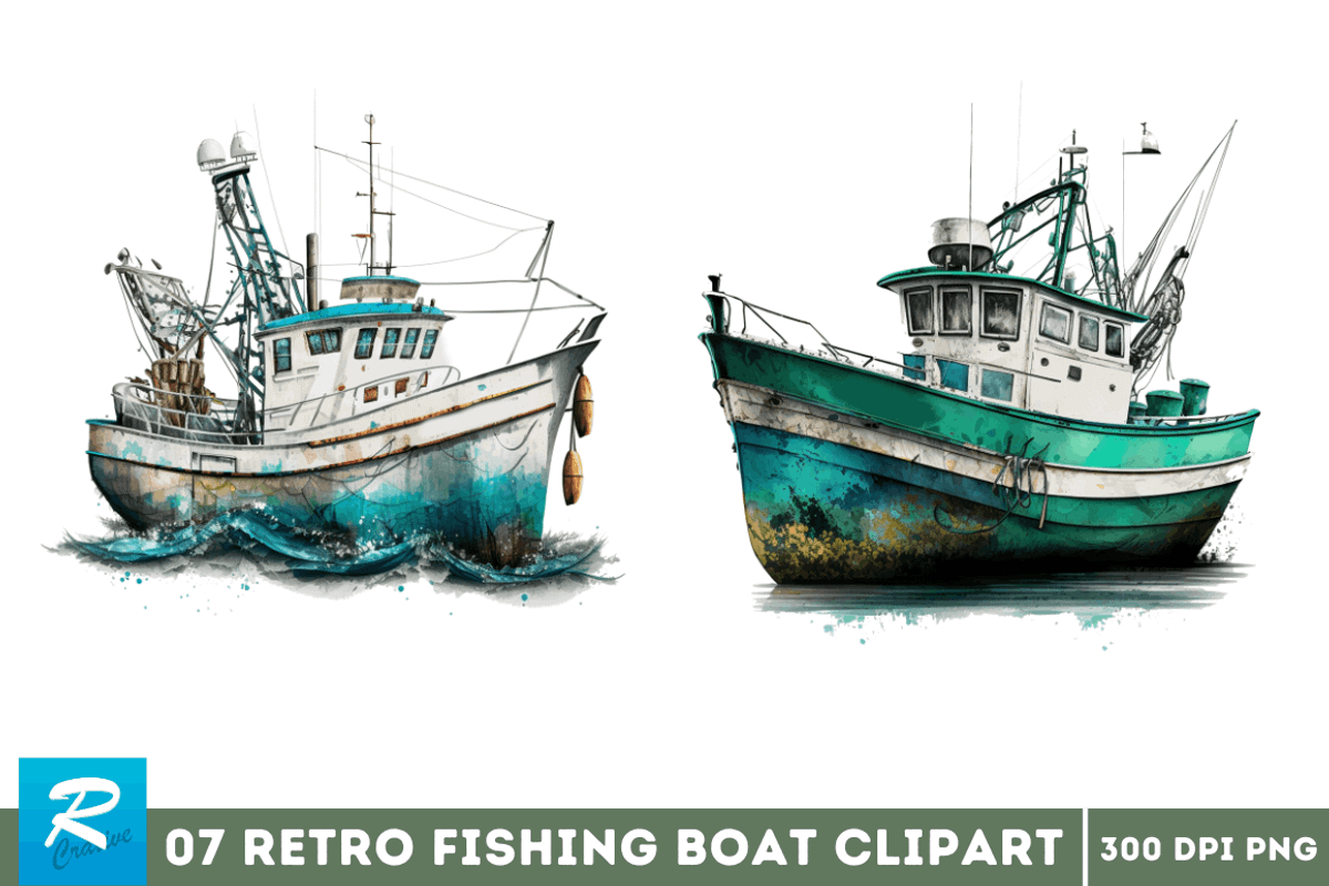 Retro Fishing Boat Clipart Bundle, an Object Graphic by Regulrcrative (Photo 2 of 7)