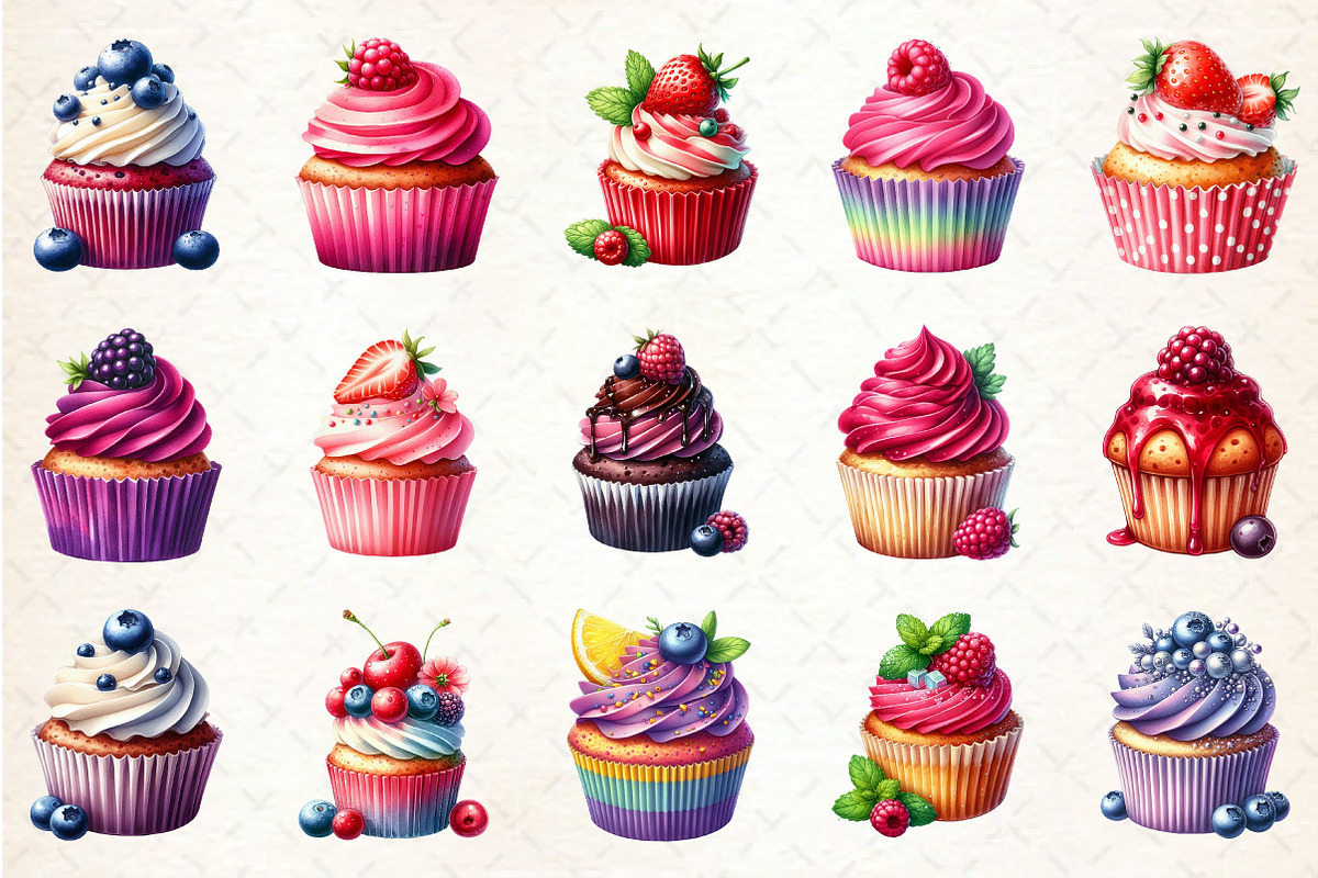 Watercolor Berry Cupcake Clipart, an Illustration by Rose Art (Photo 2 of 4)