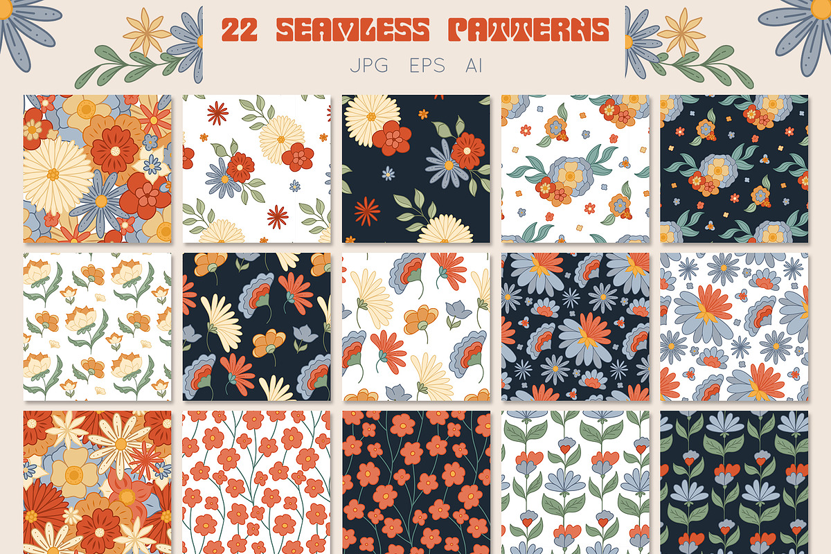 Retro flower mood patterns set, a Pattern Graphic by Veleri (Photo 3 of 9)