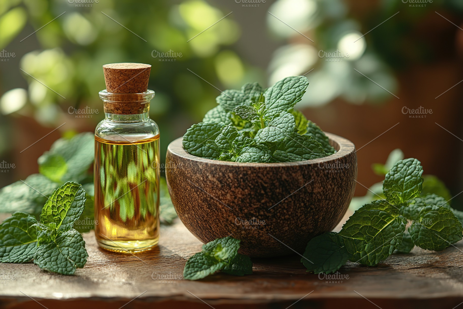 Small bottle of mint essential oil with mint leaves in mortar, a Nature Photo by AlyaAnd