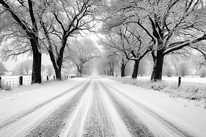 Snow-covered road lined with trees, a Nature Photo by MistyDay