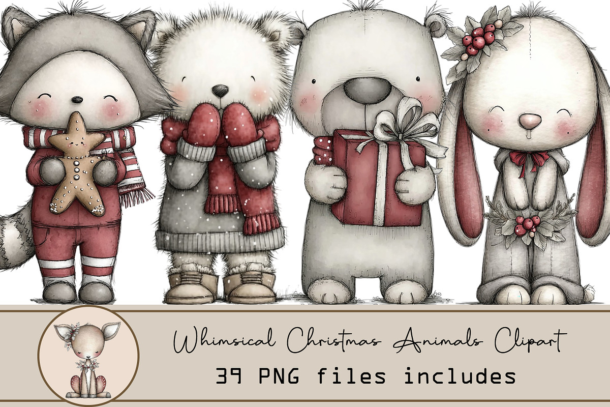 Whimsical Christmas Animals Clipart, an Illustration by DreamArtGraphic (Photo 1 of 4)