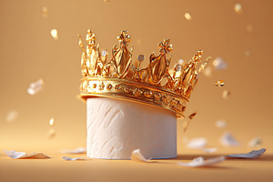 Golden crown with intricate details on a white pedestal, surrounded by shimmeri, a Photo by AlyaAnd