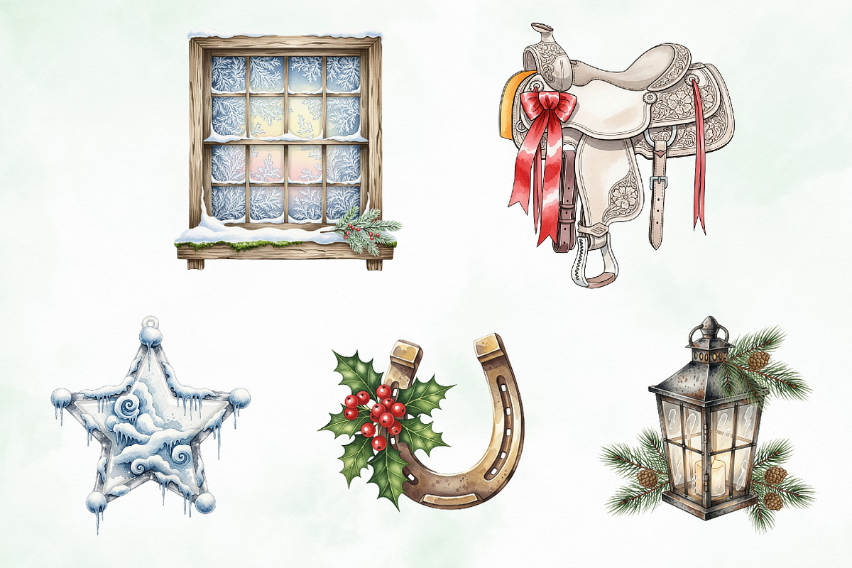 Watercolor Western Christmas Clipart, an Illustration by Creative Art (Photo 6 of 10)