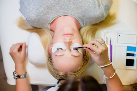 Eyelash extension procedure stock photo containing people and young