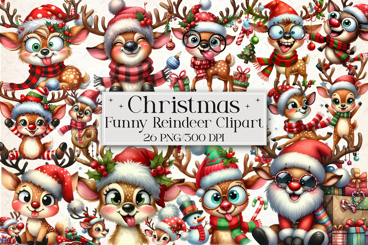 Funny Reindeer Christmas Clipart, an Illustration by Libby Wishes (Photo 1 of 6)