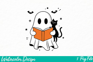 Cute Ghost Reading Book PNG, an Illustration by Watercolor design