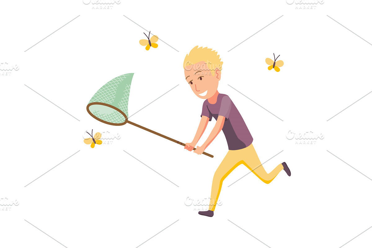 A Young Boy Joyfully Catching, an Animal Illustration by the8monkey