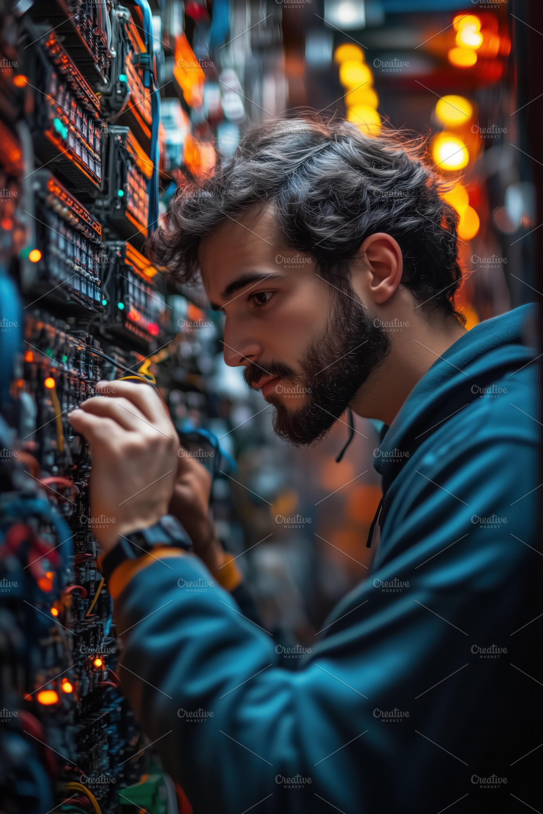 A focused young man systems engineer with a beard working on a complex network, a Person Photo by Textures & Backgrounds