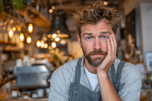 Tired barista in a coffee shop looki, a Photo by Pixeness Studio