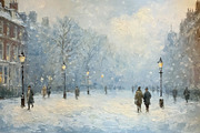 Oil painting of a snowy London street scene, people walking unde, an Illustration by Studio ANNA (Thumbnail 2 of 2)
