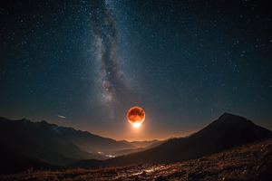 Blood Moon over Majestic Mountains S, a Photo by Pixeness Studio