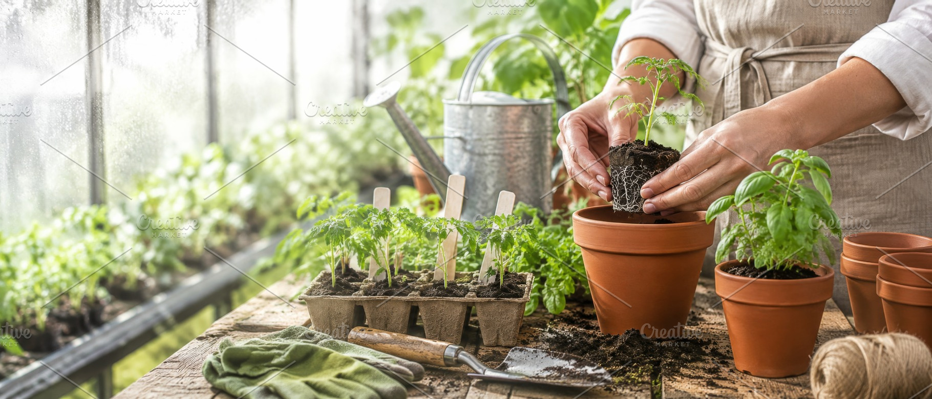 Gardening scene with hands planting, a Photo by Dvoevnore photos