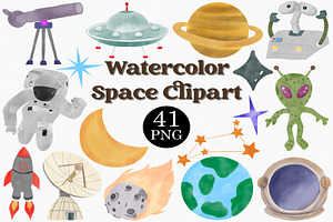 Watercolor Space Clipart Set, an Illustration by CropUp Creative
