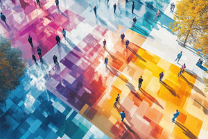 Colorful city plaza people walking v, a Photo by Pixeness Studio