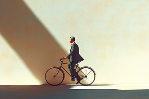Businessman riding a bicycle in a mi, a Photo by Tanuart