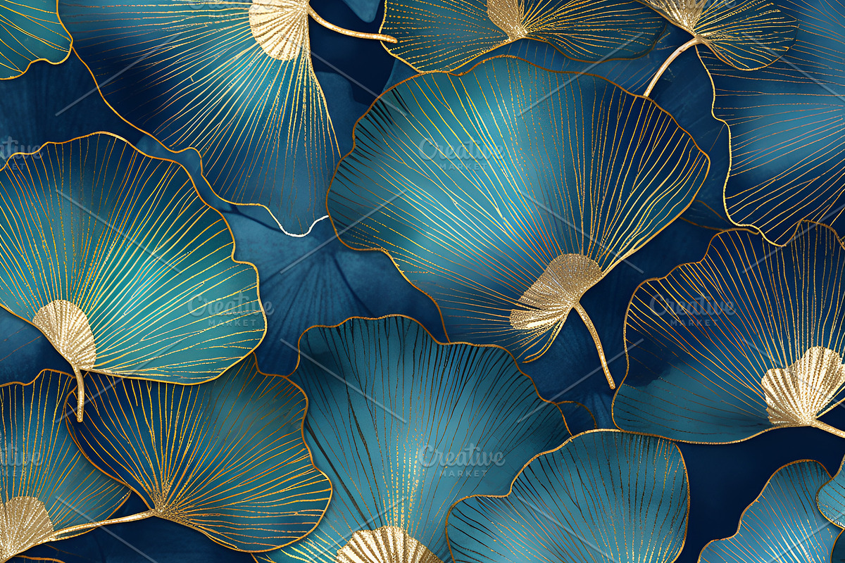 Ginkgo biloba abstract top view in blue golden colors, line desi, a Graphic by Dolce Vita
