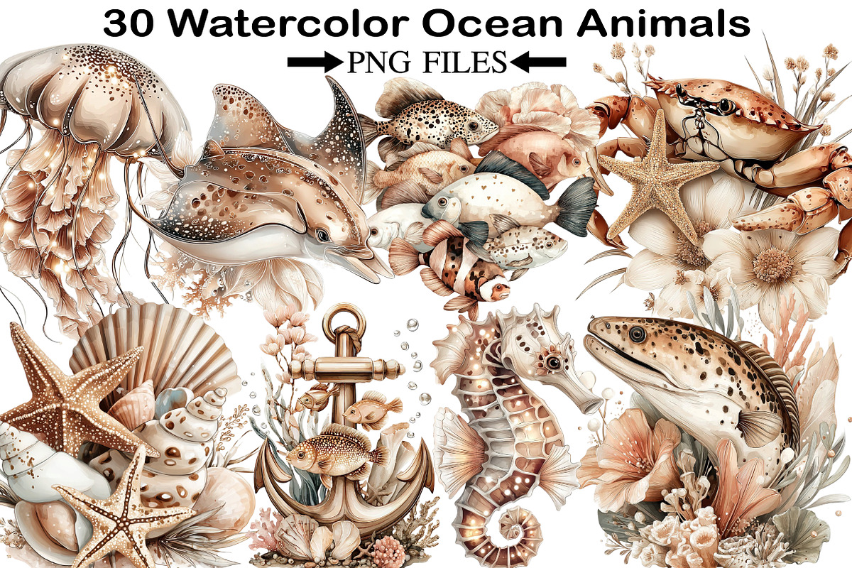 Watercolor Ocean Animals Clipart, an Illustration by Black Bird Studio (Photo 1 of 5)