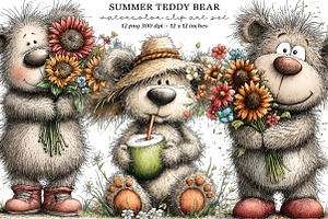 Whimsical summer teddy bear clipart, an Illustration by SinaCreation