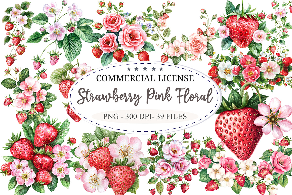 Strawberry Pink Floral Clipart, a Seasonal Illustration by designcity5 (Photo 1 of 5)