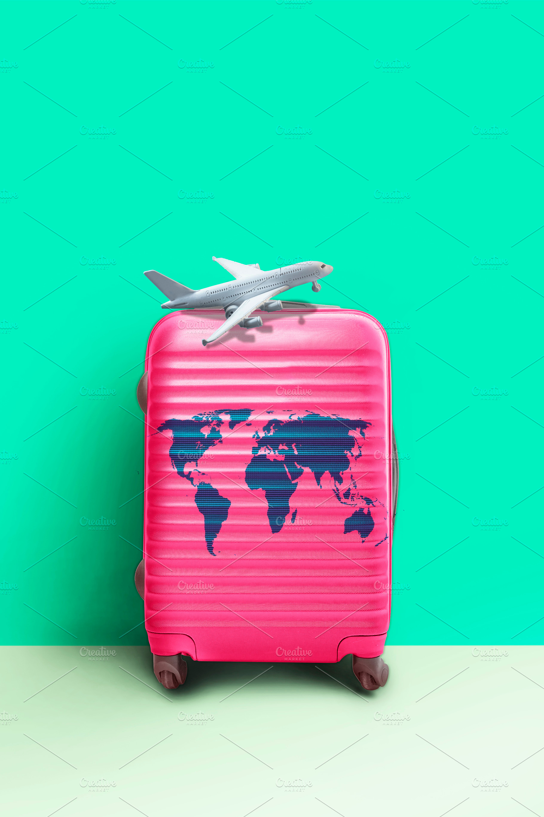 Pink suitcase world map and airplane containing travel, suitcase, and, a Holiday Photo by SZ IMAGE