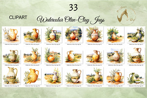 Watercolor Olive Clay Jugs Clipart