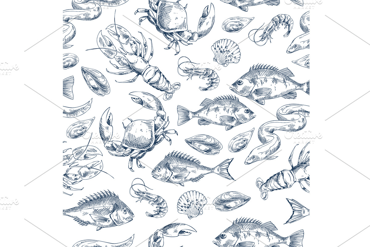 Crawfish and Fishes Sketch Vector, an Animal Illustration by robuart