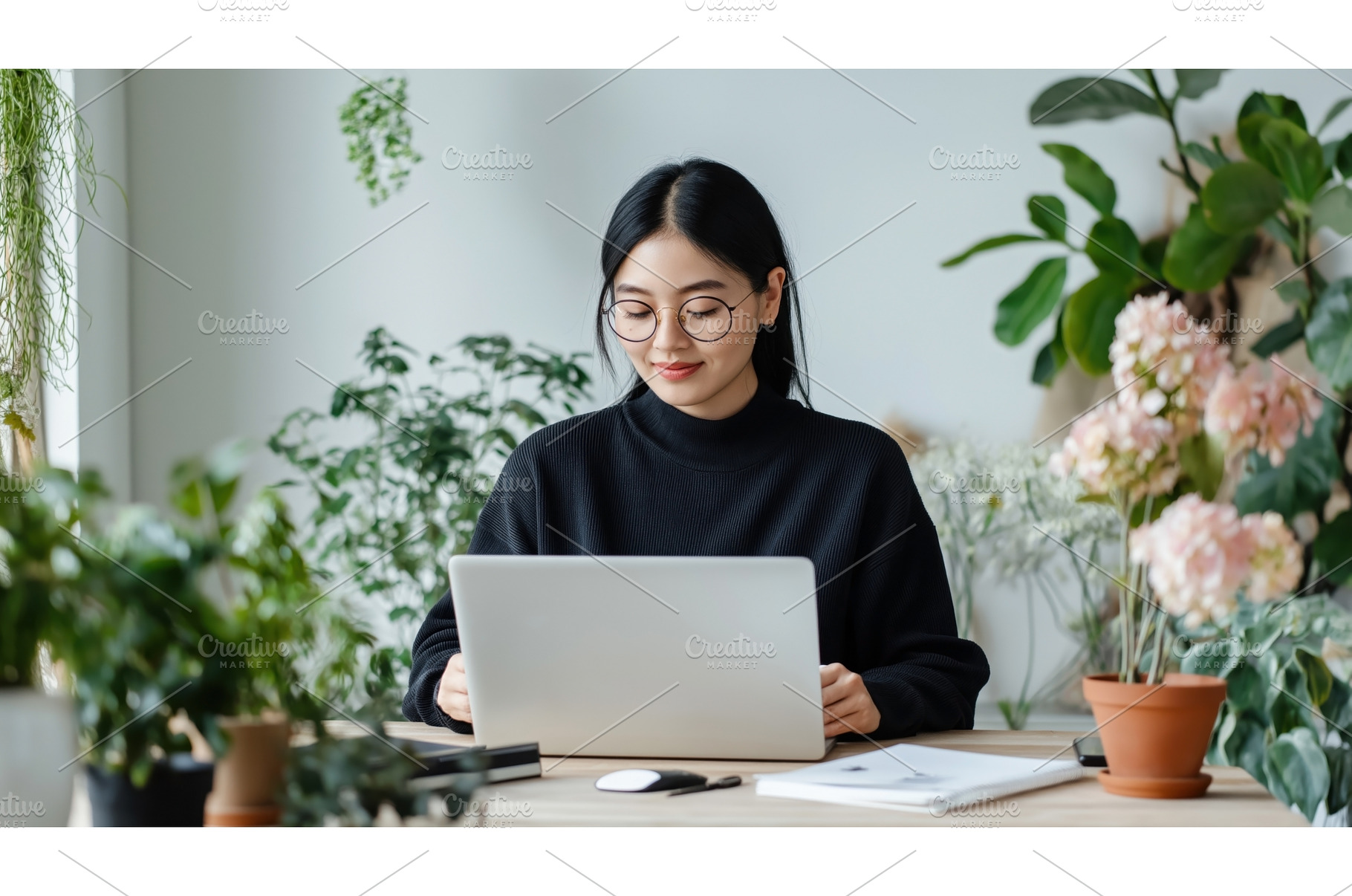 Asian woman working on a laptop in a, a Person Photo by Sergey Kotenev