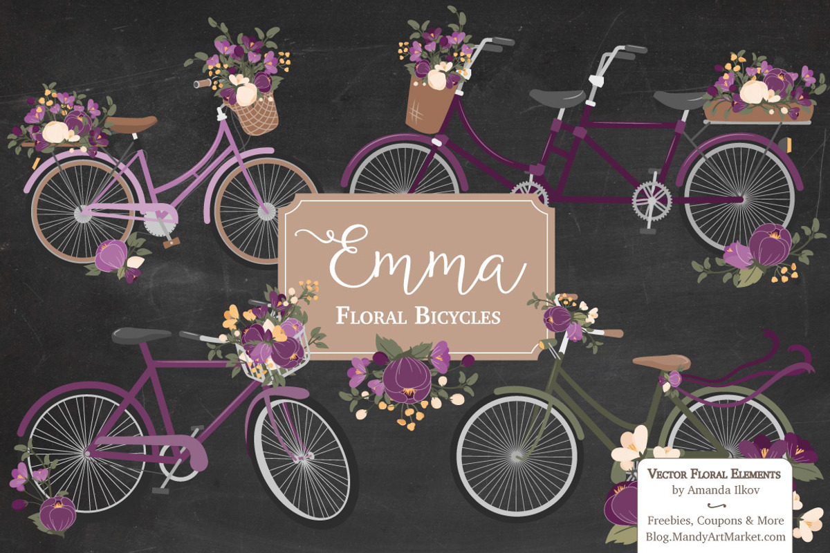 Plum Floral Bicycle Vector Clipart, an Illustration by Amanda Ilkov (Photo 2 of 5)