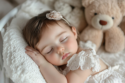 Newborn child in co-sleeper crib sleeping with her bear toy, a Person Photo by AlyaAnd