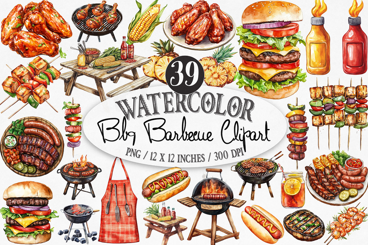 Watercolor Bbq Barbecue Clipart, an Illustration by Designking (Photo 1 of 4)