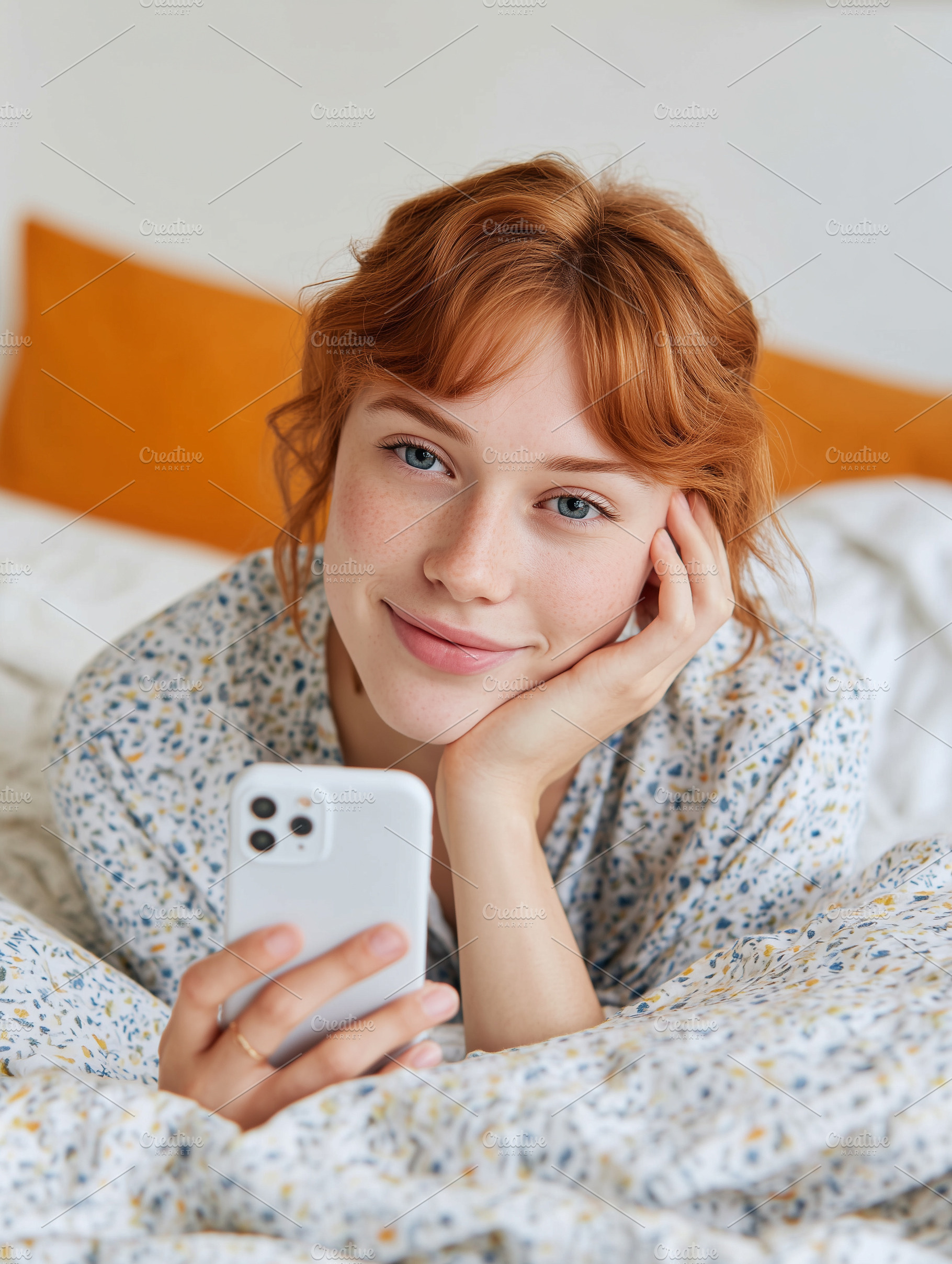 Smiling red-haired young woman lying, a Person Photo by MistyDay