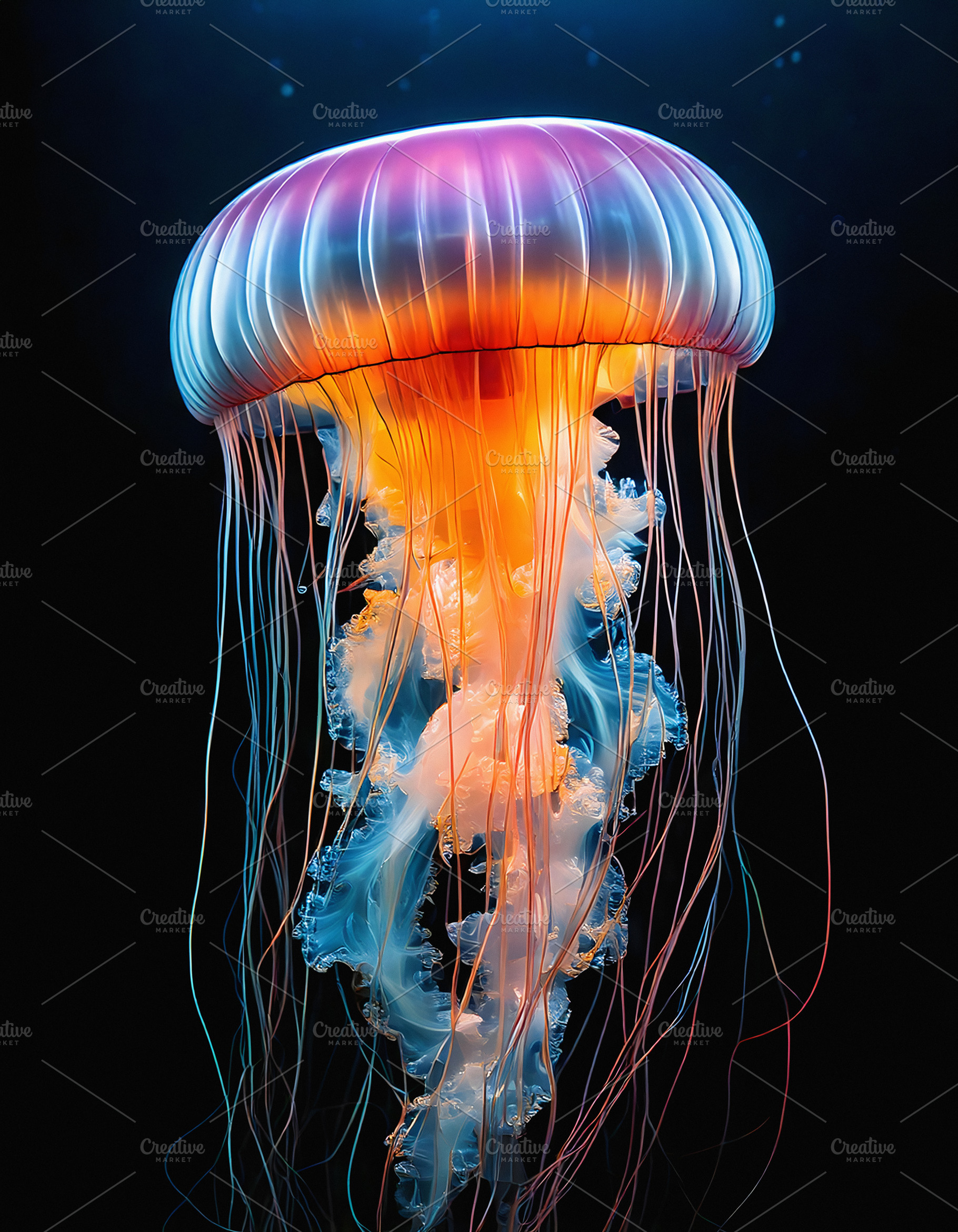 Vibrant jellyfish floating gracefully in deep blue ocean, an Animal Photo by GoodGoods