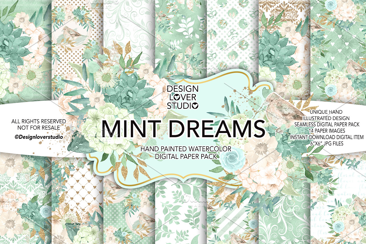 Watercolor MINT DREAMS DP pack, a Pattern Graphic by designloverstudio