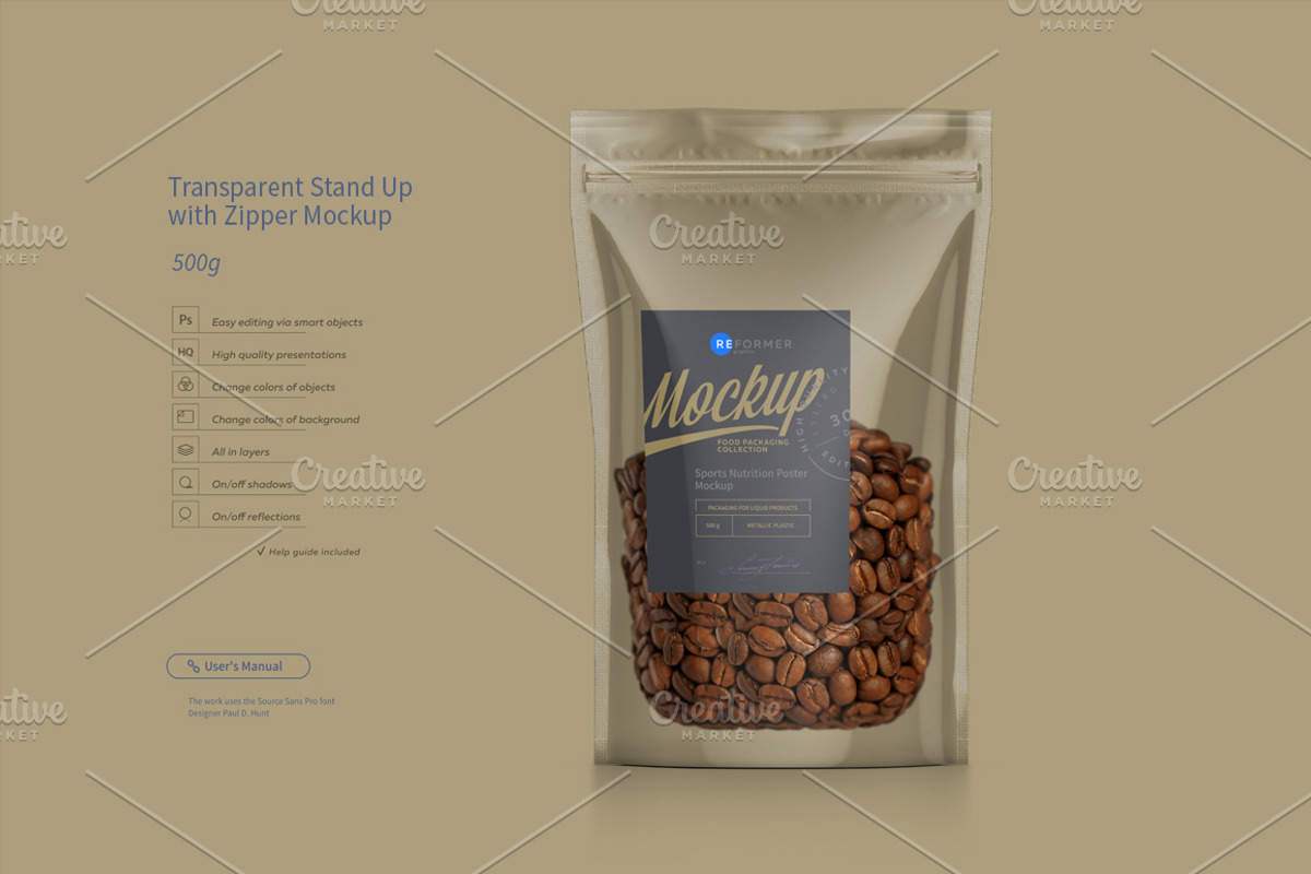 Transparent Stand Up Doypack Mockup, a Packaging Mockup by Reformer Mockup